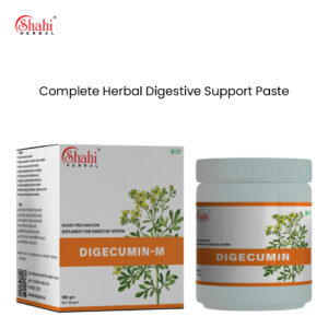 DIGECUMIN-M herbal digestive paste by Shahi Herbal, featuring a 100g jar and box labeled as Unani preparation with plant illustration